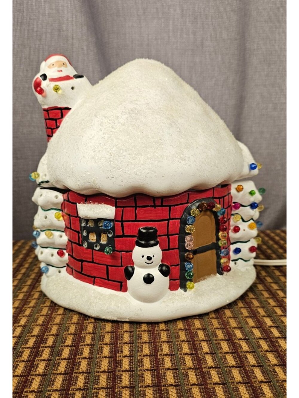 Vintage Ceramic Christmas House Light-Up Decoration With Santa & Snowman Accents